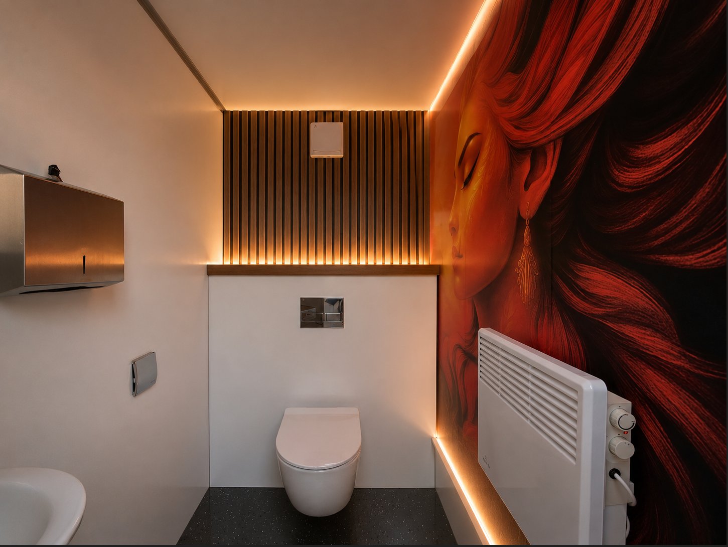 VIP-Toilettenwagen Innenansicht Damen – WC mit warmem Ambientelicht