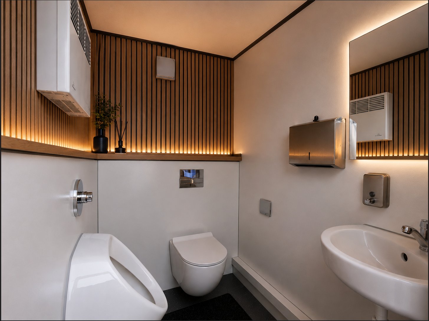 VIP-Toilettenwagen Innenansicht Herren – WC und Urinal mit Holz-Optik und Ambientelicht